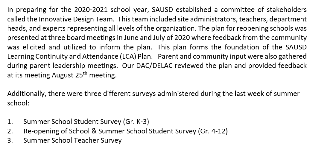 Surveys administered: Summer School Student Survey, Re-Opening of School, & Summer School Teacher Survey 